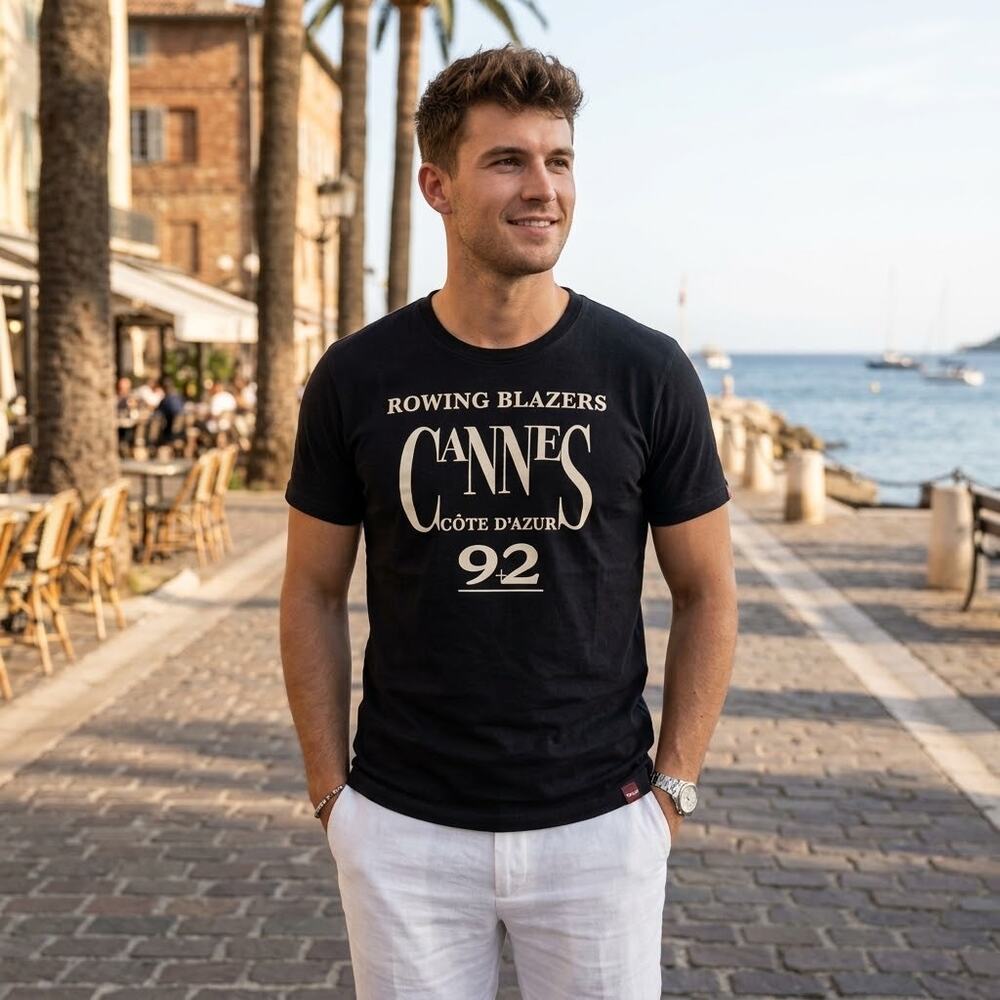 Rowing Blazers Men Black Cannes Cote d'Azur 92 Graphic Crewneck T-Shirt Size XL
